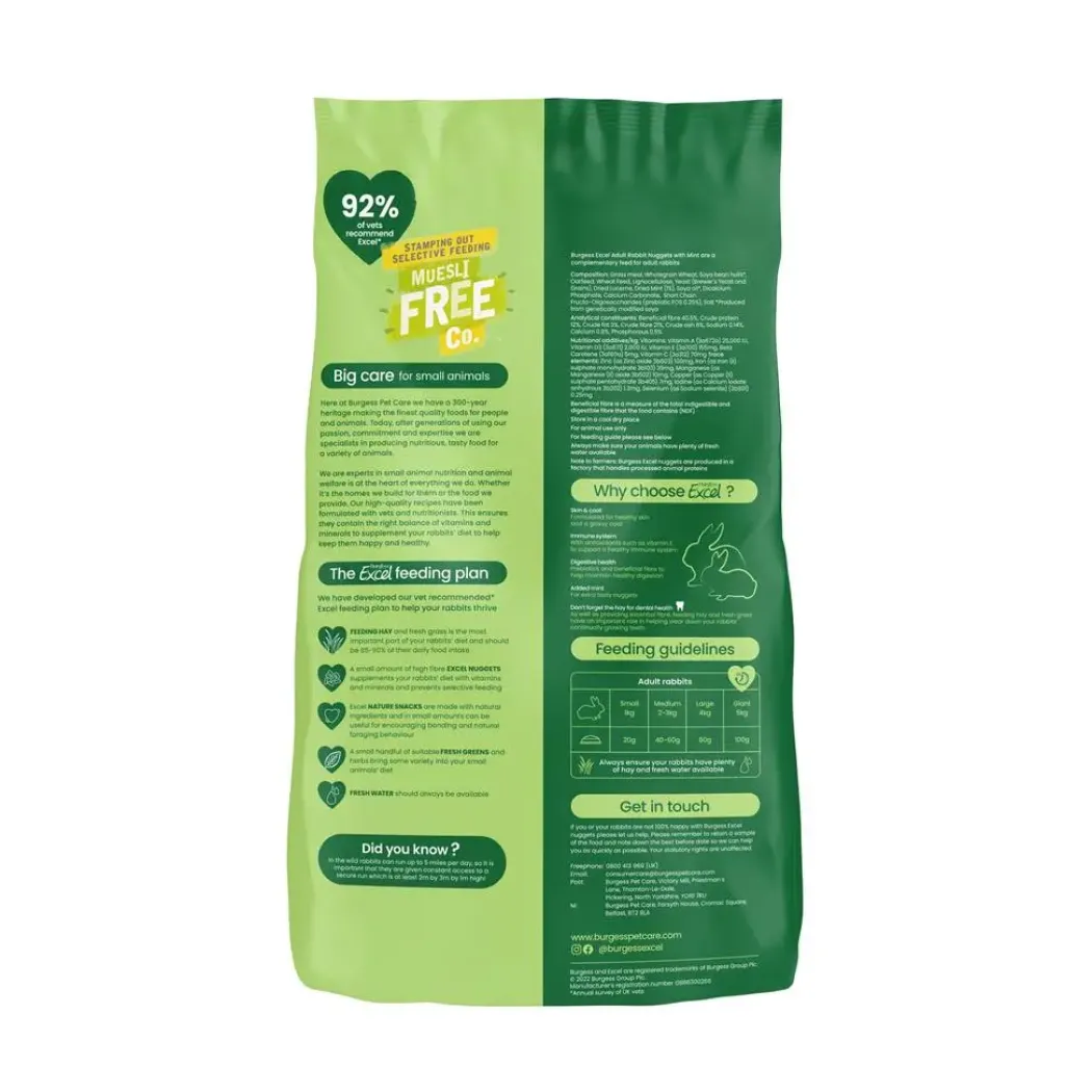 Burgess Excel Rabbit Adult 3 kg - Fuldfoder til voksne kaniner med mint