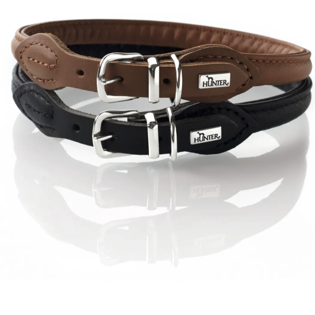 Hunter rundsyet hundehalsbånd okselæder 45/8 sort 45 cm - justering 38-42 cm