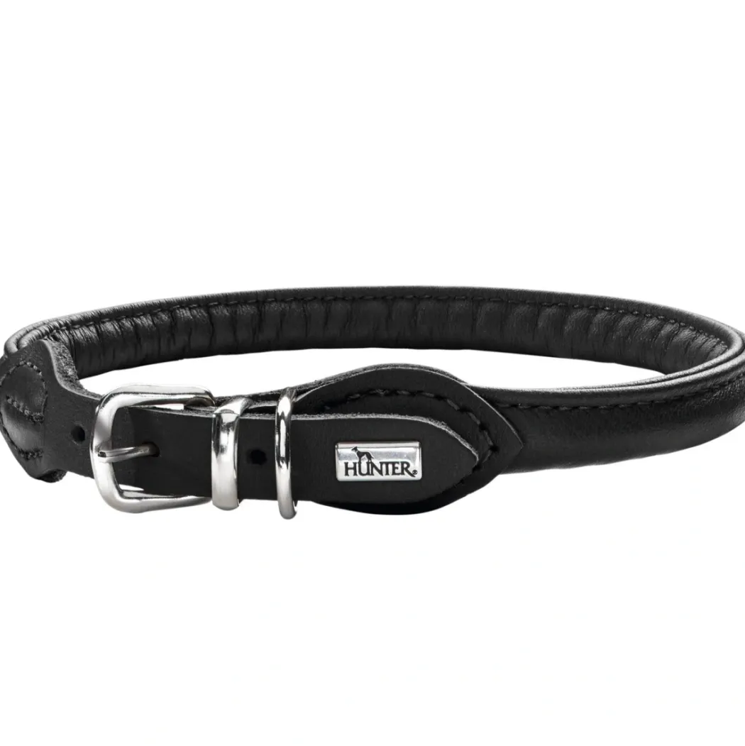 Hunter rundsyet hundehalsbånd okselæder 45/8 sort 45 cm - justering 38-42 cm